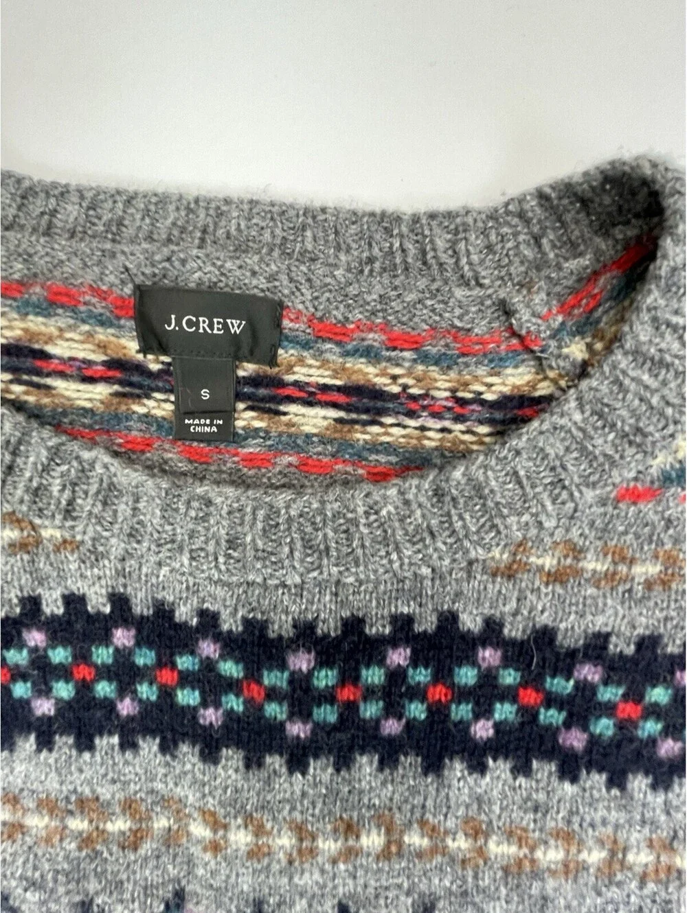 JCrew Mens Fair Isle Lambswool Sweater Gray Knit Small S Nordic Crewneck *read*